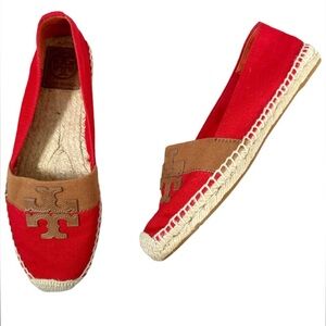 Tory Burch Jamie Woven‎ Canvas Espadrille Red Canyon Tan Logo Flats 10